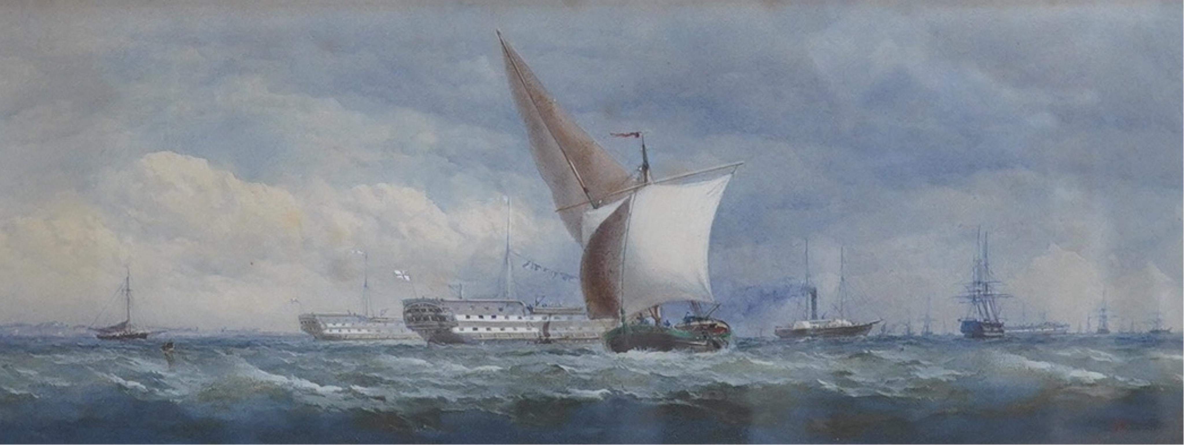 Charles Taylor Jnr (fl.1841-1883), watercolour, Shipping scene with English vessels, monogrammed, 19 x 49cm. Condition - fair